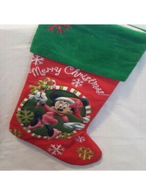 Disney 3-D puffy MINNE MOUSE Merry Christmas stocking corduroy tie red green